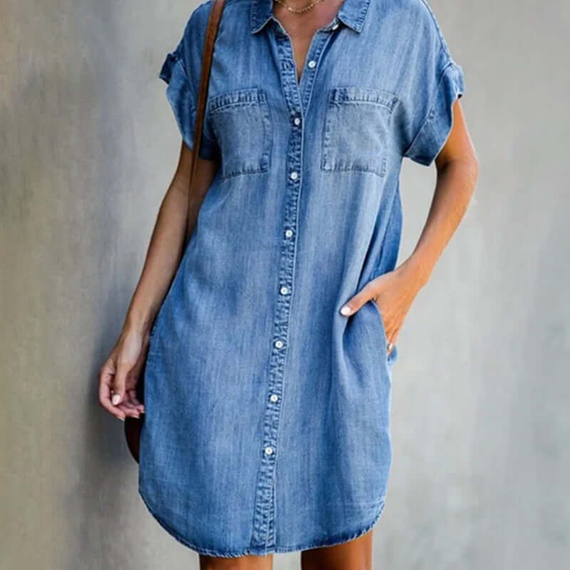 Valerie - Elegant denim dress with tummy coverage