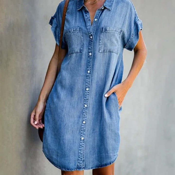 Valerie - Elegant denim dress with tummy coverage