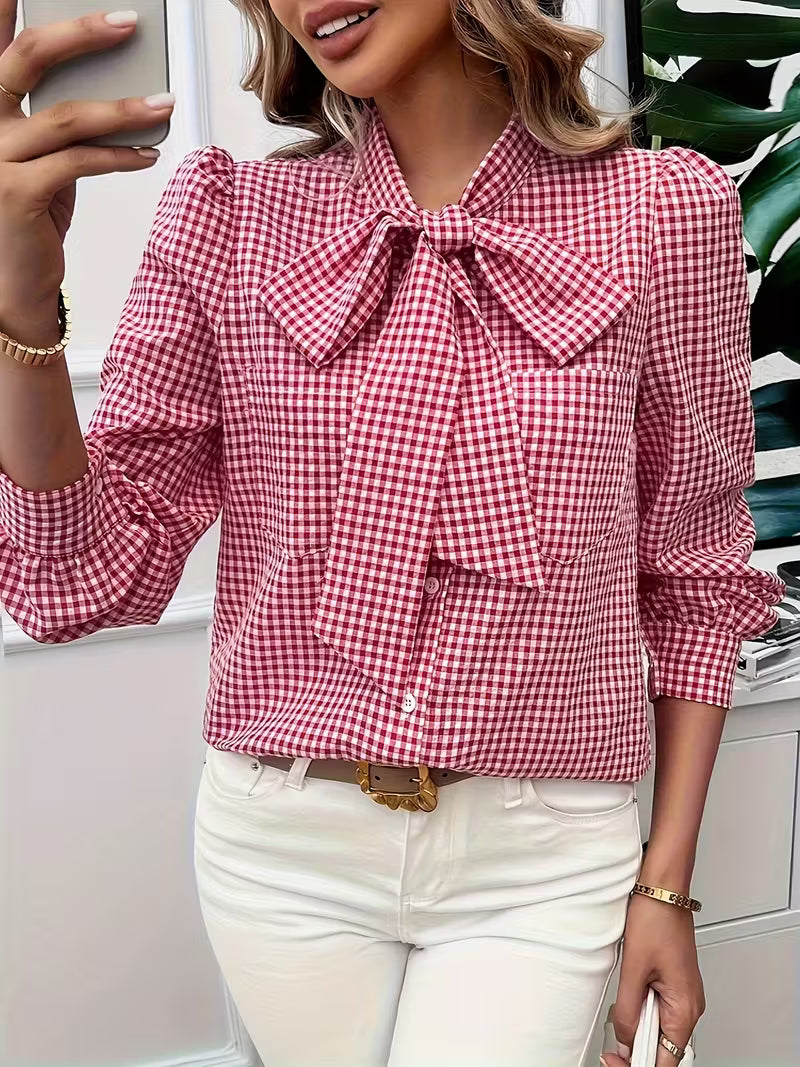 Meella | Elegant Gingham Check Bow Tie Blouse