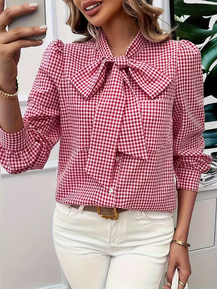 Meella | Elegant Gingham Check Bow Tie Blouse