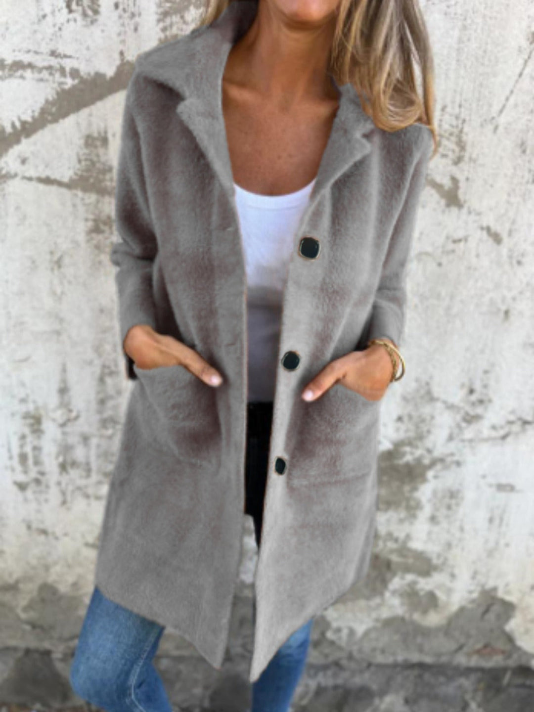 Rionna - Long Sleeve Button Up Coat With Pockets