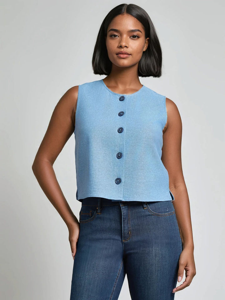 Sleeveless Button Front Top, Crossdye Linen Blend