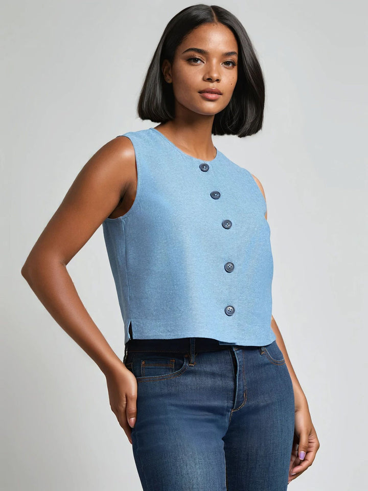 Sleeveless Button Front Top, Crossdye Linen Blend